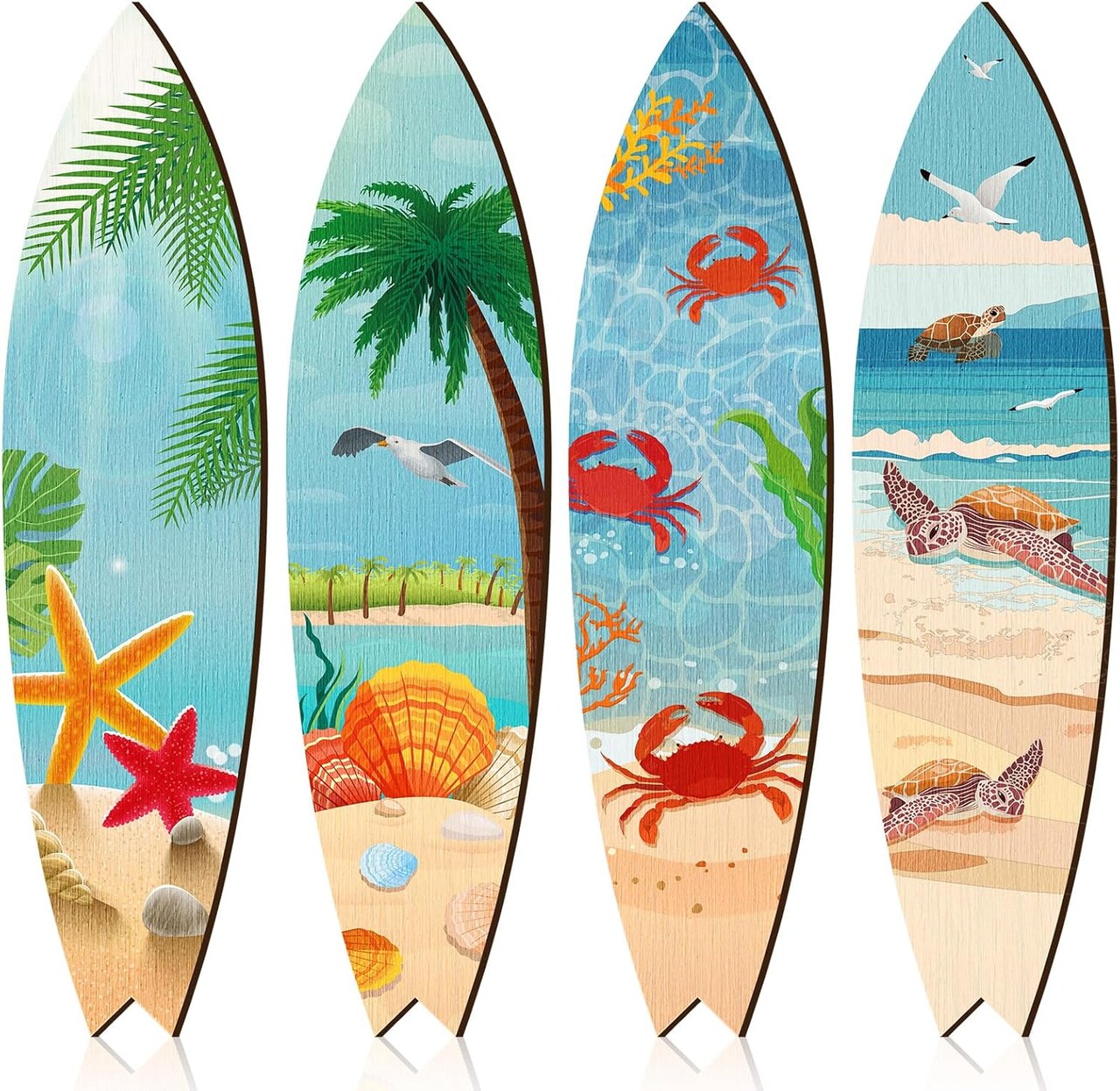 4 Pcs 15.75 x 3.94 Inch Beach Surfboard Wall Decor Wooden Summer Marine Life Surfboard Wall Hanging Sign Sea Turtle Starfish Shell Crab Summer Theme Decor for Hawaiian Luau Birthday Party